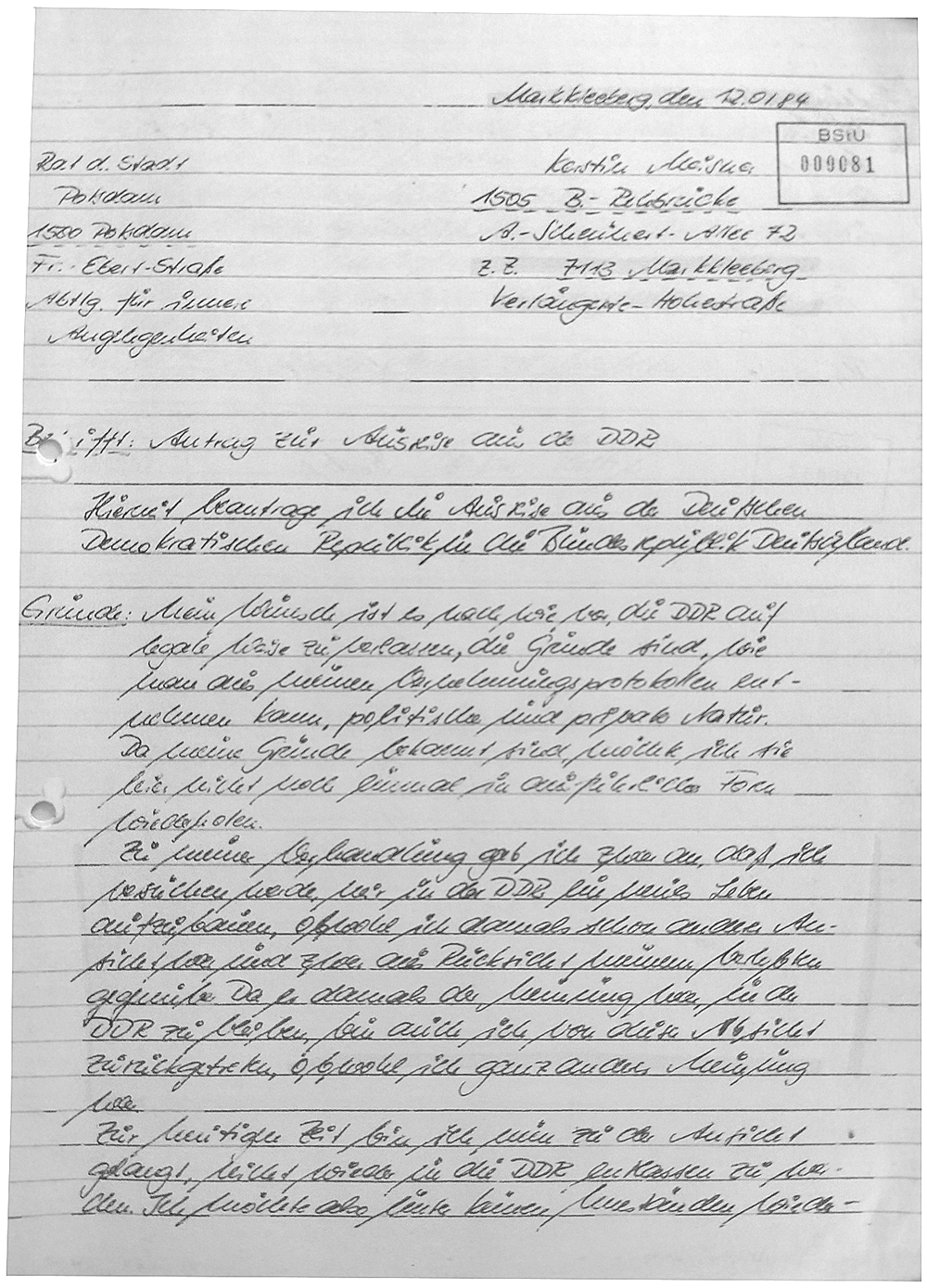 Kerstins erster Ausreiseantrag vom 12. Januar 1984.