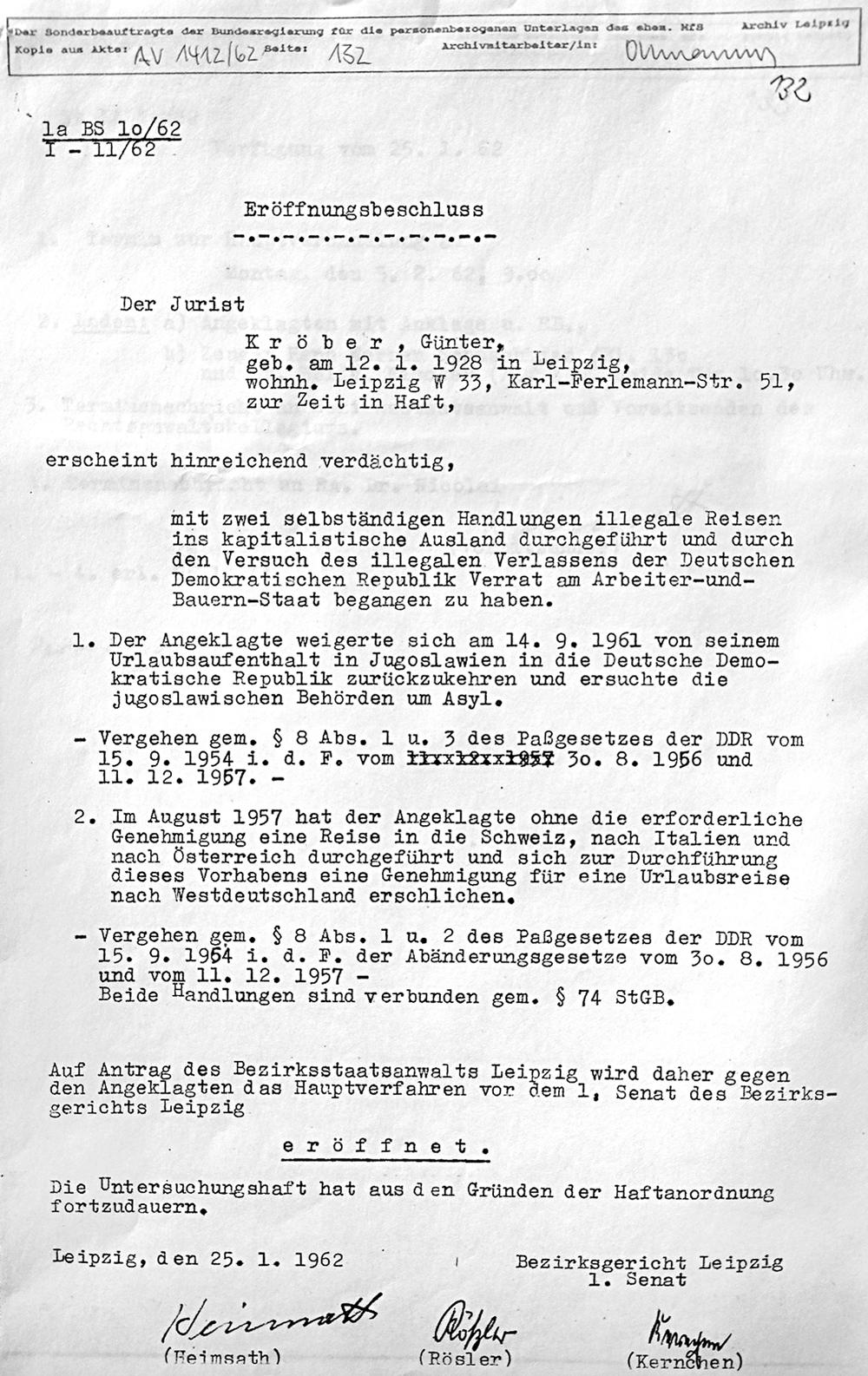Der Eröffnungsbeschluss für das Strafverfahren gegen Günter vom 25. Januar 1962